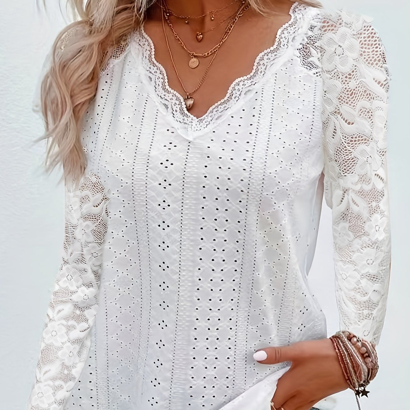 Contrast Lace V - neck Eyelet T-Shirt, Elegant Long Sleeve T-Shirt For Spring & Fall, Women's Clothing - veyora