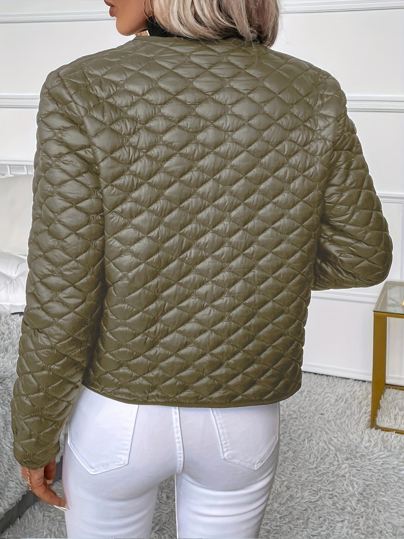 Solid Color Long Sleeve Lapel Detail Quilted Coat - veyora
