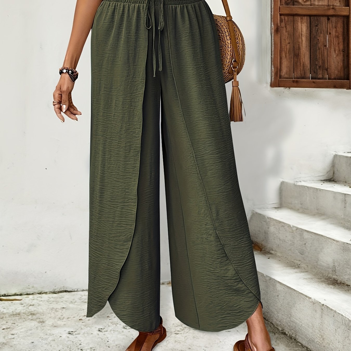 Elegant and Graceful Wide - leg Casual Pants with Overlapping Curved Hem Design - veyora