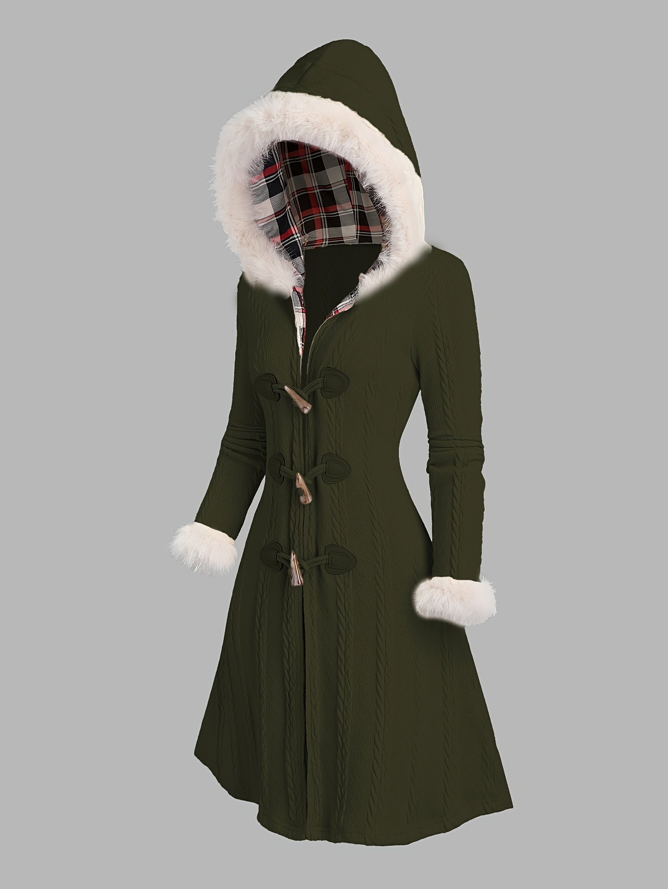 Women'S Y2K Style Plaid Knit Hooded Coat, Polyester 100% Long Winter Jacket with Color Block Design and Cow Horn Buttons, Fall/Winter Collection