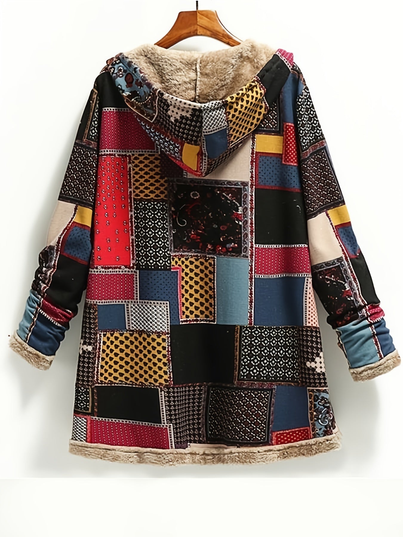 [Retro Patchwork Hooded Jacket] Long Sleeve Lightweight Retro Patchwork Hooded Jacket - Casual Outerwear For Fall & Winter - Women's Clothing