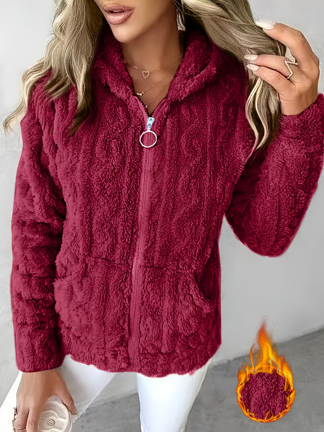 2025 Autumn/Winter Women's Casual Solid Color Warm Hooded Zipper Jacquard - Lined Long Sleeve Pocket Sweatshirt Niannian - veyora