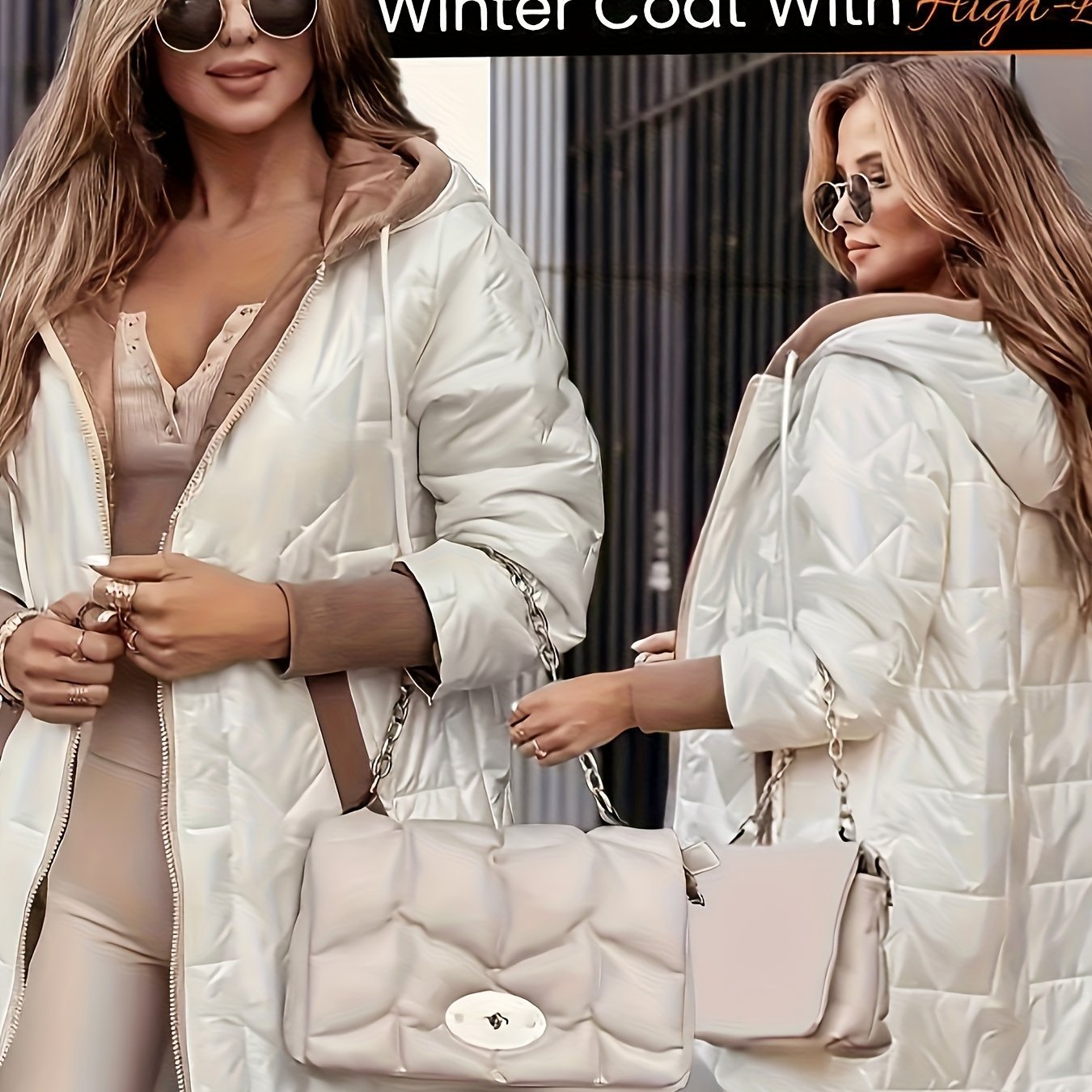 Women's Warm Winter Coat, Hooded Jacket, Mid - Length with Pockets and Asymmetrical Hem Padded Coat - veyora