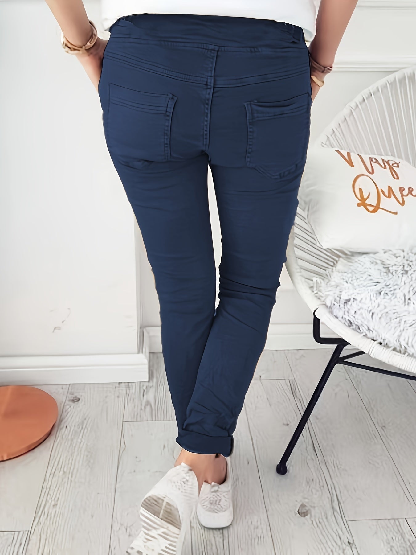 Women's Stretchy Solid Color Casual Pants - High Waist, Drawstring, with Pockets | Machine Washable | Perfect for Spring/Fall - veyora