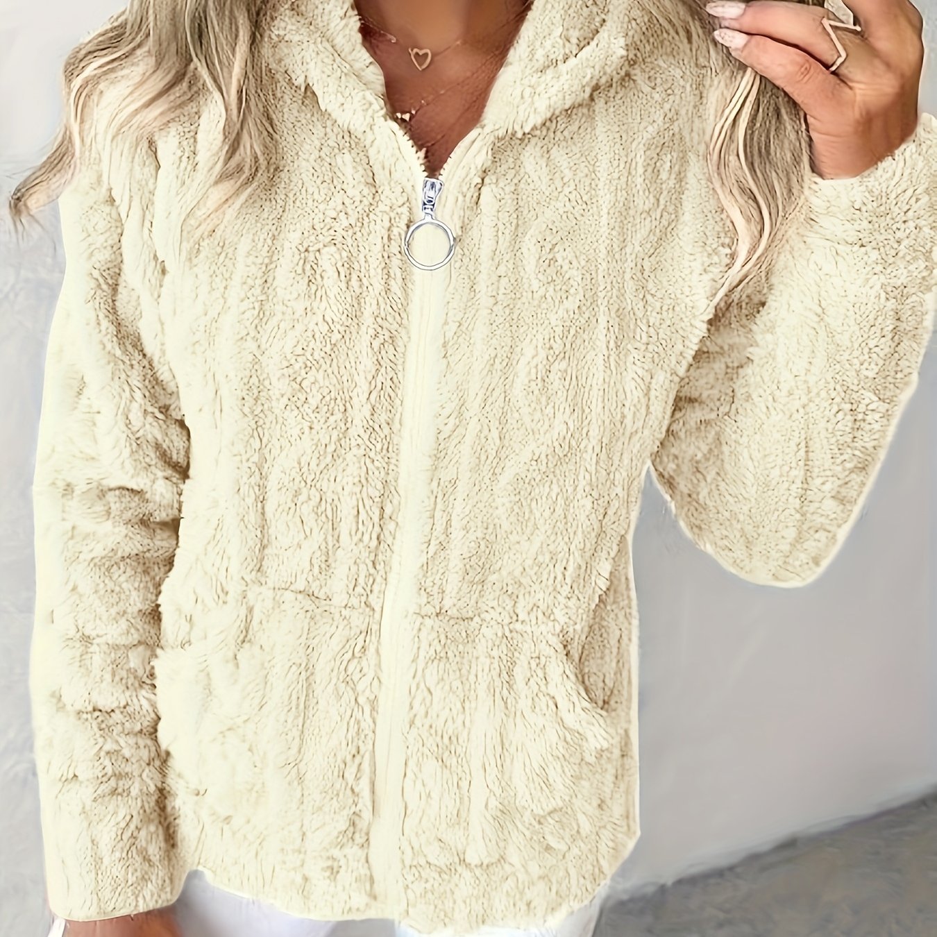 2025 Autumn/Winter Women's Casual Solid Color Warm Hooded Zipper Jacquard - Lined Long Sleeve Pocket Sweatshirt Niannian - veyora