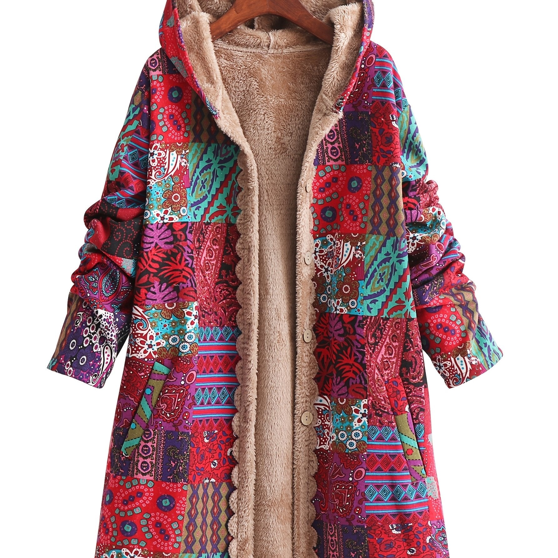 New Autumn/Winter Women's Printed - Lined Thickened Single - Breasted Hooded Long - Sleeve Jacket with Pockets - veyora
