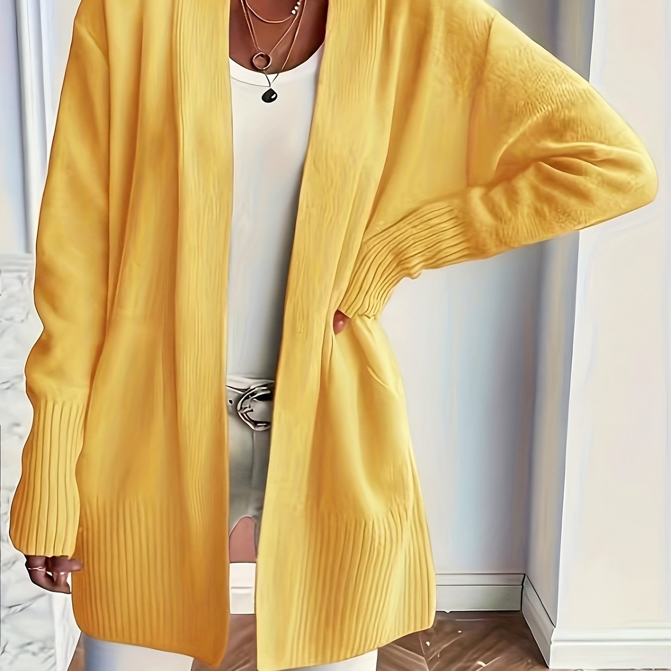 [Cozy Cardigan] Cozy Yellow Women's Knit Cardigan | Long Sleeve, V - Neck, Loose Fit, Fall & Winter Stylish Pullover, Autumn Winter Apparel, Vibrant Cardigan, Knit Construction, Cardigan Sweater - veyora