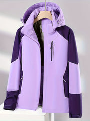 Women'S Winter Lightweight Windproof Jacket - Stylish Color Block Zip-Up Coat with Hood, Long Sleeves, and Polyester Lining for Warmth & Comfort, Ladies' Outerwear