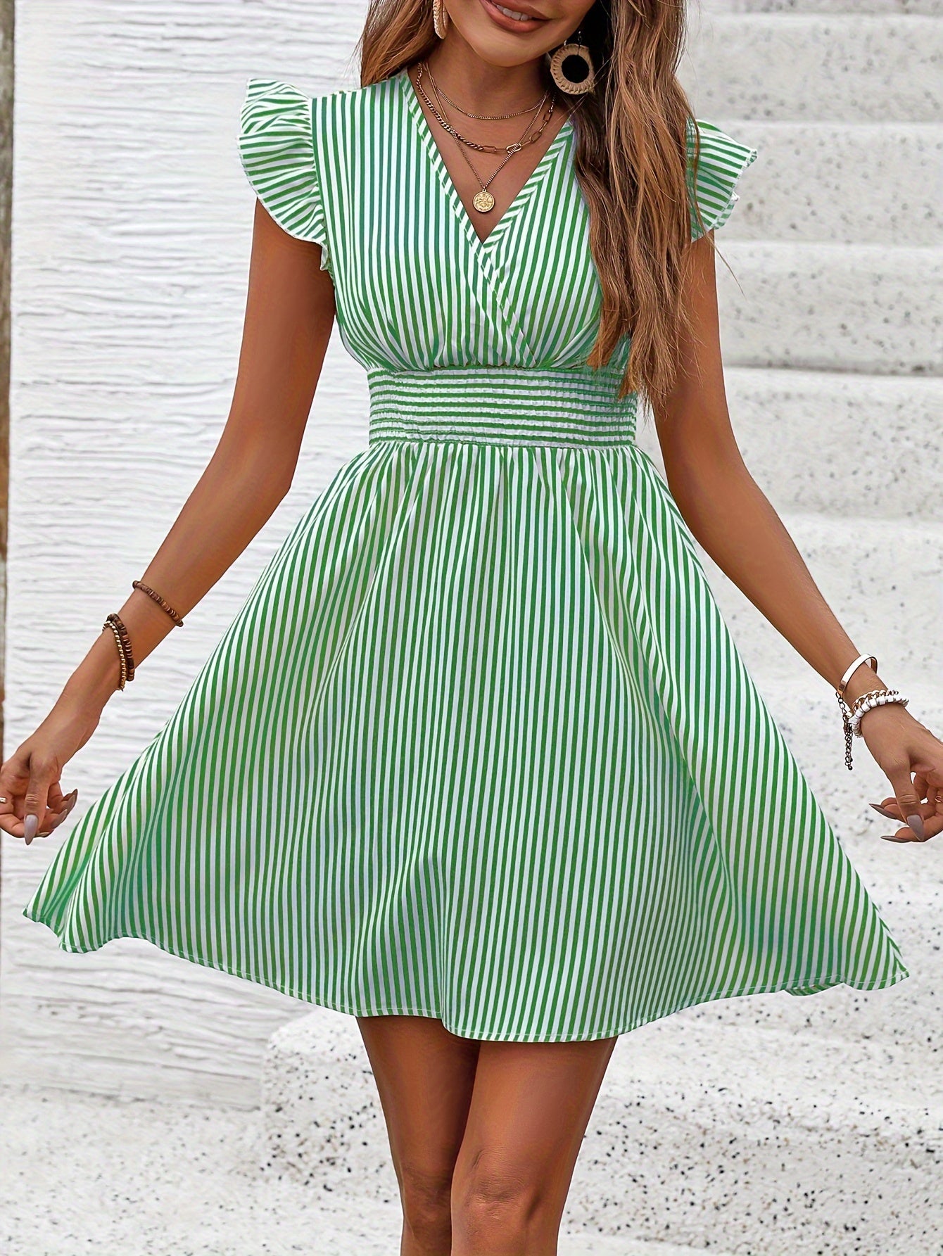 Summer Striped Surplice Neck Dress, Shirred Waist Casual Flutter Sleeve For Women