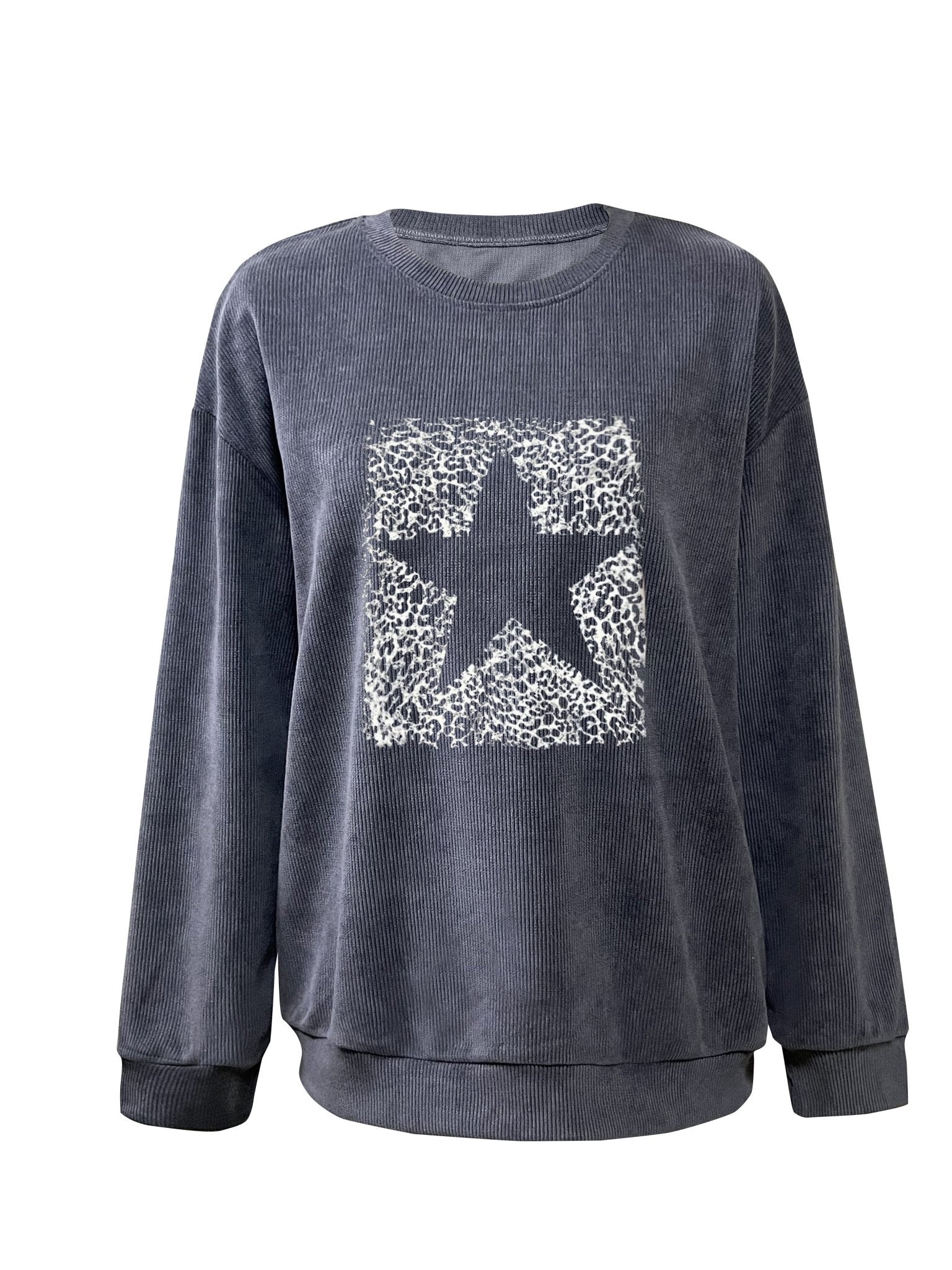 Gray Long - Sleeve Round - Neck Printed Sweatshirt - veyora