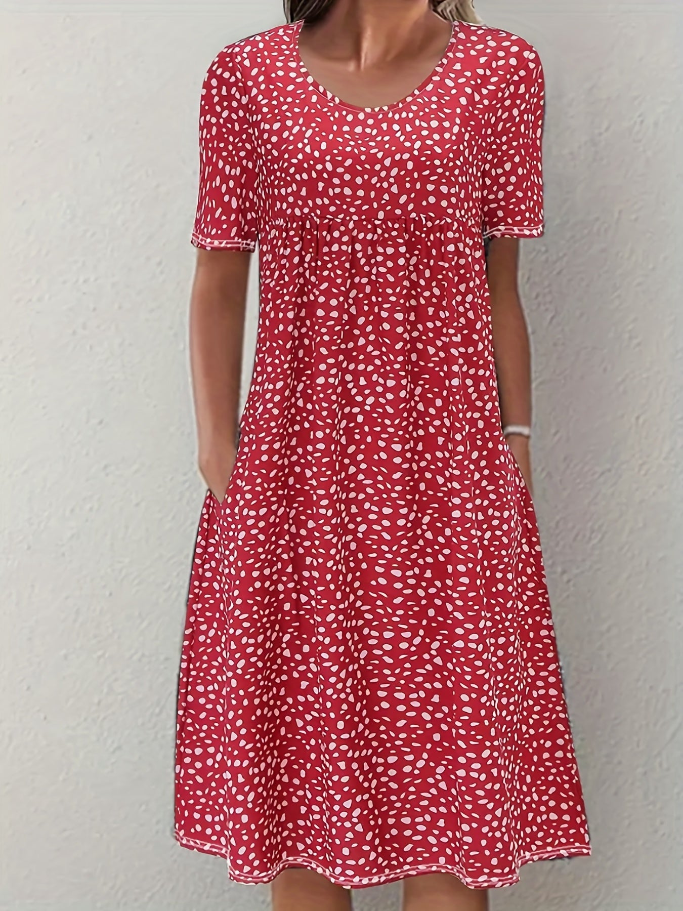 Boho Floral Print Dual Pockets Dress, Casual Crew Neck Short Sleeve Dress, Women's Clothing