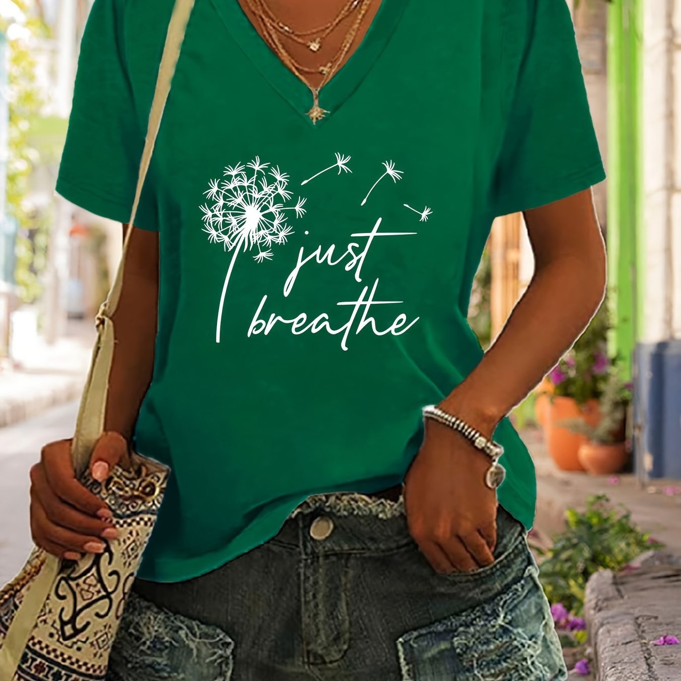 Dandelion Print T-Shirt, V Neck Short Sleeve Summer Casual Top, Women's Clothing - veyora