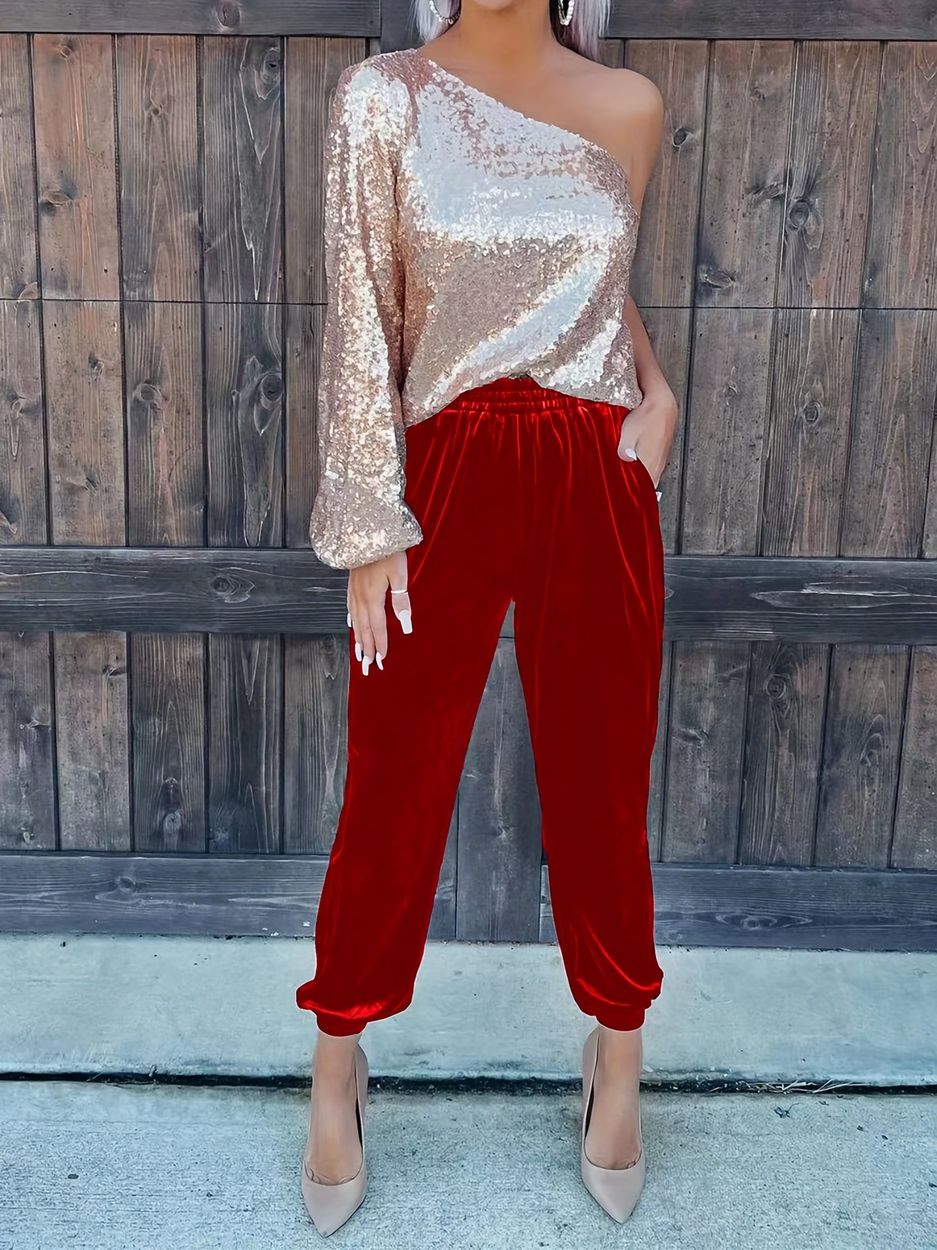 Solid Slant Pockets Pants, Casual Elastic Waist Pants For Spring & Fall, Women's Clothing - veyora