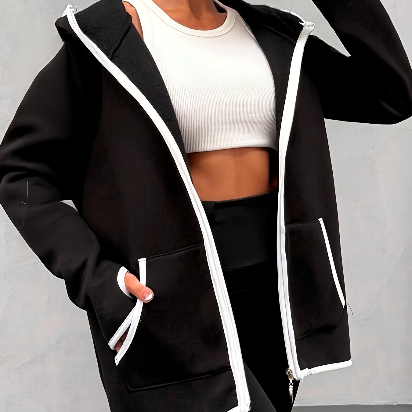 Women's Solid Color Autumn/Winter - Lined Thickened Drawstring Hoodie Sweatshirt Jacket with Pockets, Zipper, White Line Design, Thumb Holes at Cuffs, and Other Multi - Functional Casual Sport Features - veyora