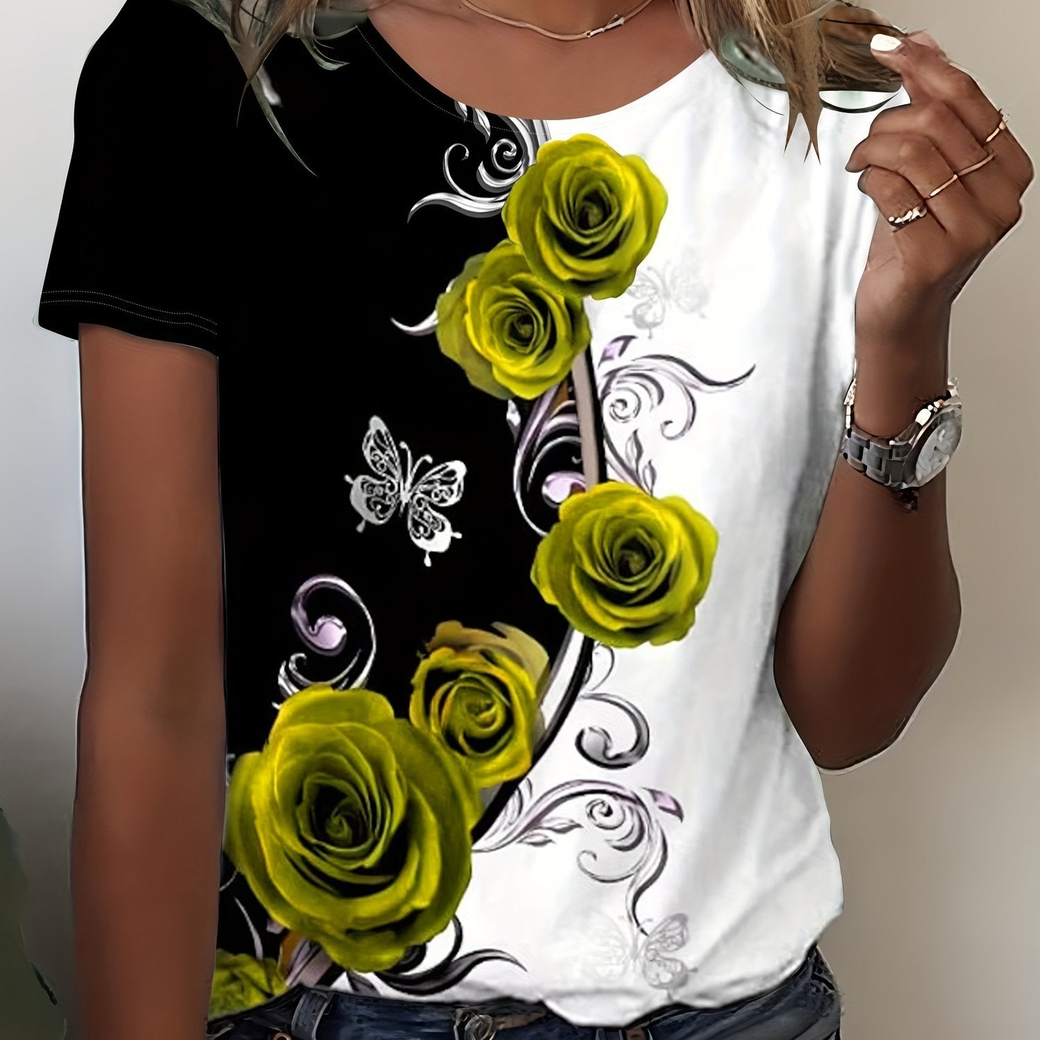 Rose Print Color Block T-shirt, Casual Crew Neck Short Sleeve T-shirt, Women's Clothing - veyora