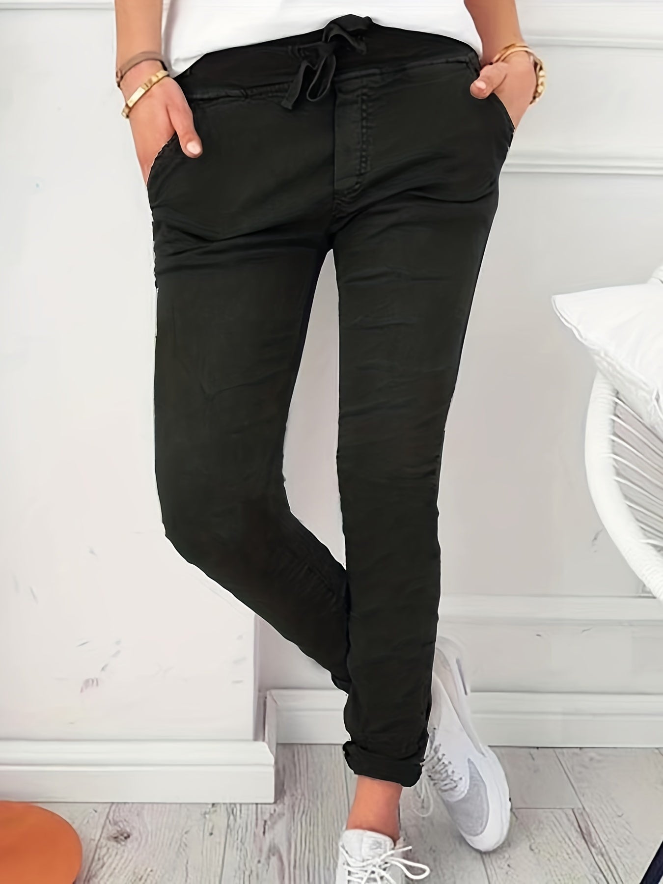 Women'S Fashion Casual Drawstring Skinny Pants | Elastic, Long Length, Solid Color for Spring/Fall - veyora