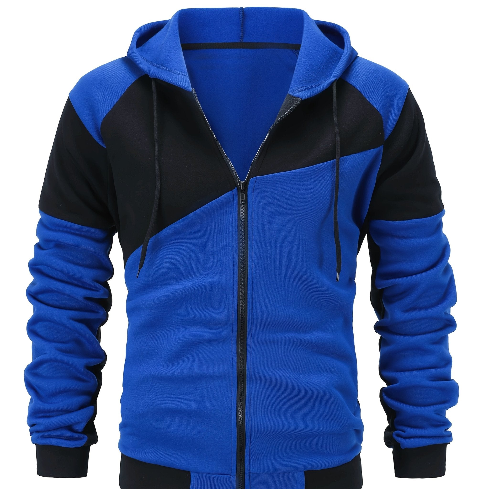 Double Layer Drawstring Hooded Jacket, Men's Casual Color Block Stand Collar Zip Up Jacket Coat For Fall Winter Outdoor Hiking Climbing Camping Cycling - veyora