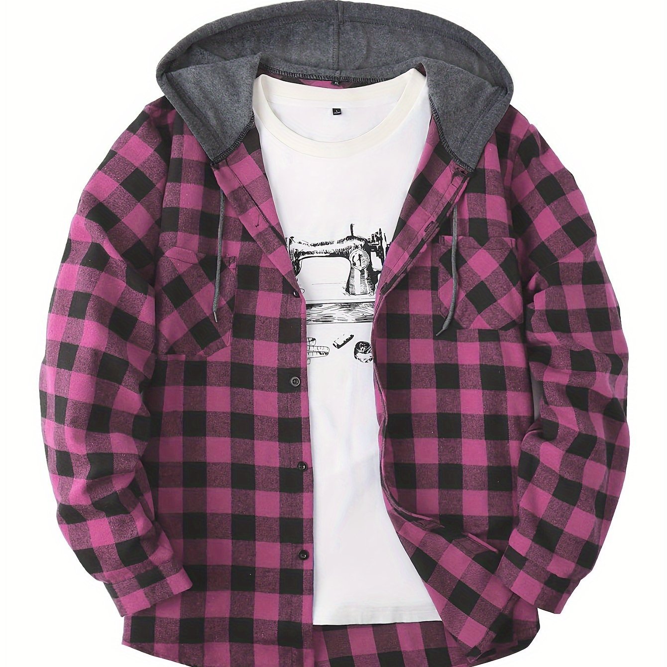 Men's Plaid Hooded Shirt Coat, Long Sleeve, Button Up, Casual Fit - veyora