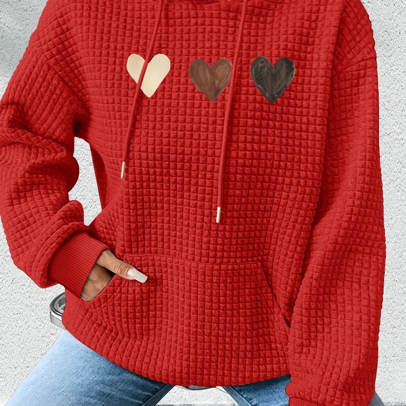 Women'S Long - Sleeve Hoodie with a Waffle Texture Featuring a Repeated Heart Pattern - veyora