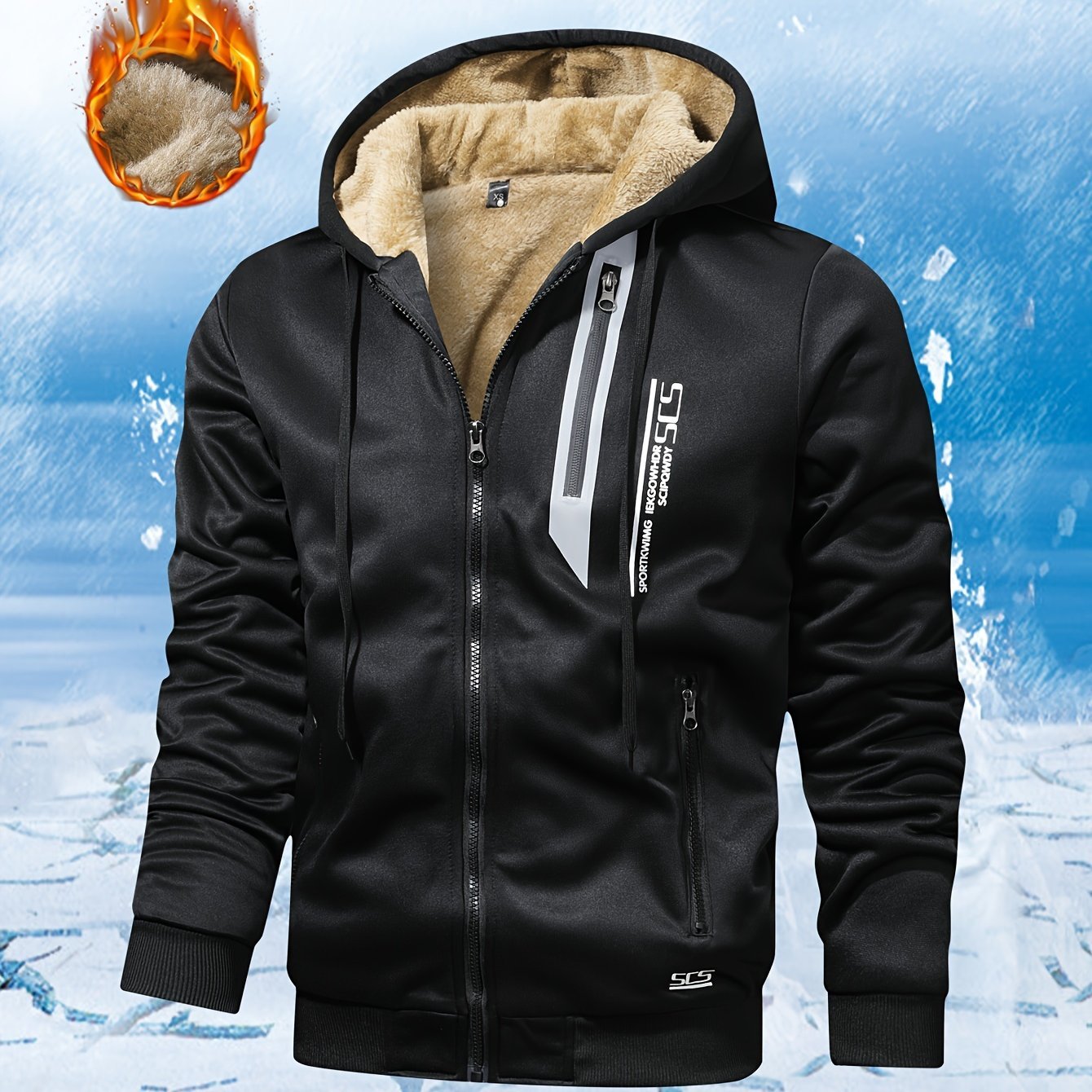 Men'S Winter Fleece - Lined Hooded Jacket - Warm, Thickened Polyester Sportswear with Zipper Closure and Side Pockets for Casual and Athletic Use - veyora