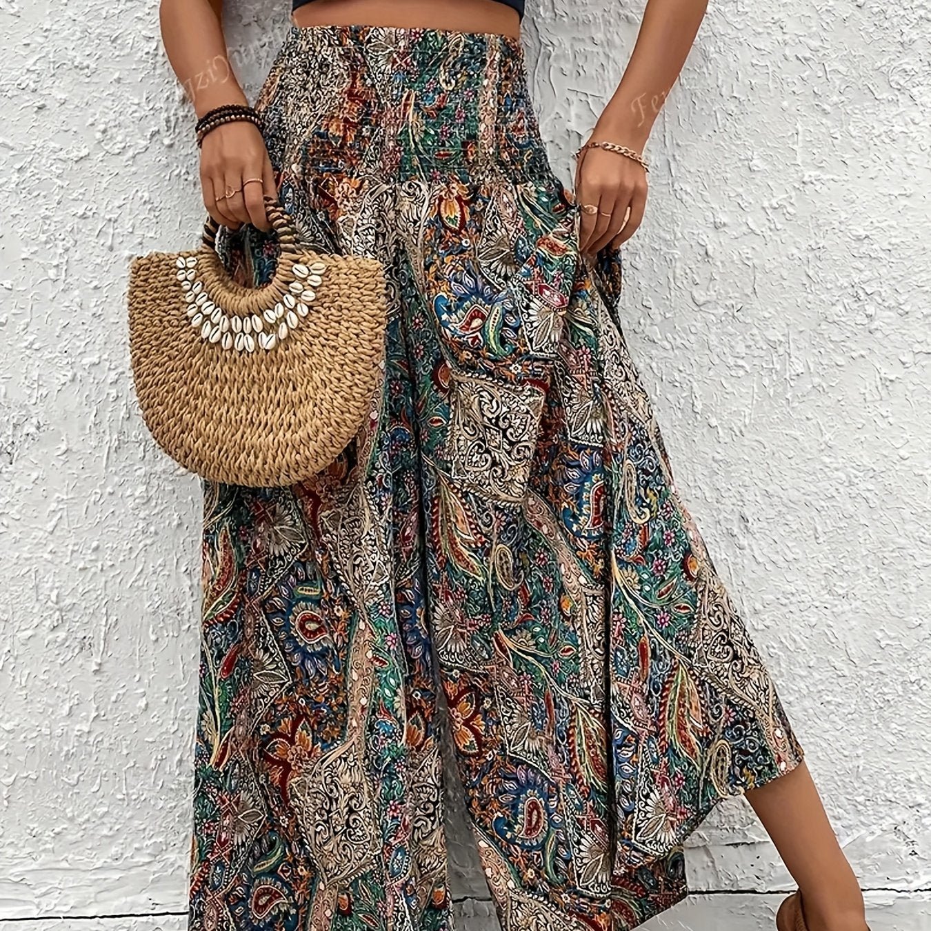 Spring - Summer Autumn Women's Fashion Casual Pants, Elegant Bohemian Style Elastic Waist High - Rise Wide Leg Trousers - veyora