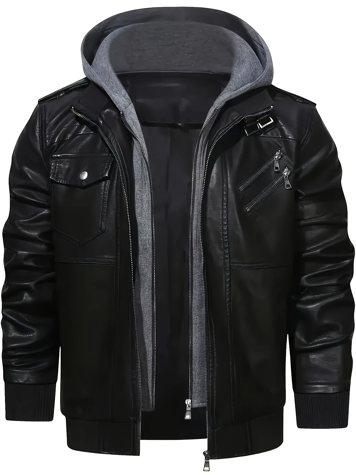 Men'S Black Hooded Jacket - Casual Style, Full - Zip Design with Pockets, Long Sleeves, Polyester Lining, Perfect for Outdoor Activities - veyora