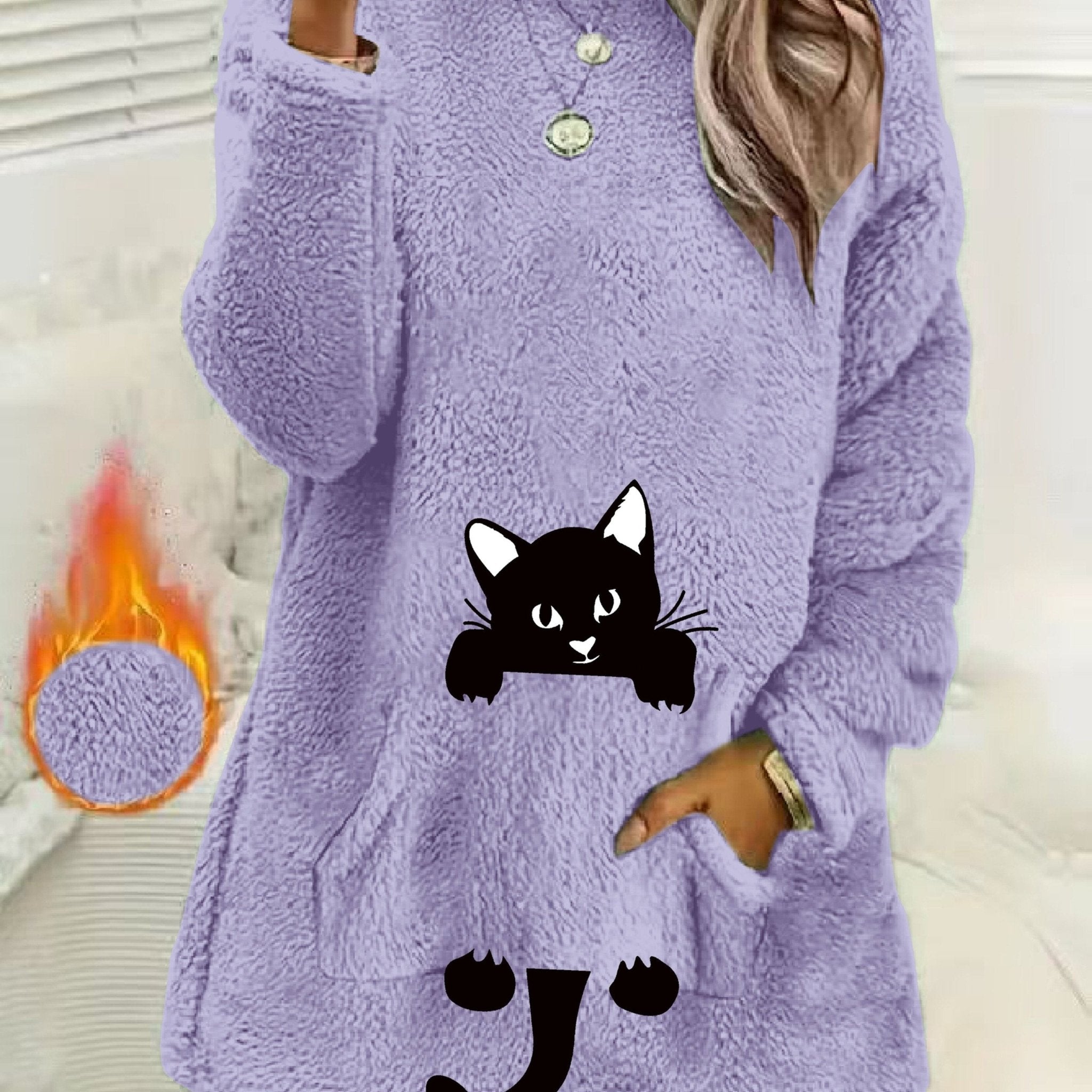 Women's Geometric Print Fleece Pullover Sweatshirt - Soft Long Sleeve Round Neck with Pockets, Machine Washable Casual Winter Wear, Elegant Regular Fit for All Seasons, Cute Sweatshirts, Allseason Apparel, Comfortable Pockets - veyora