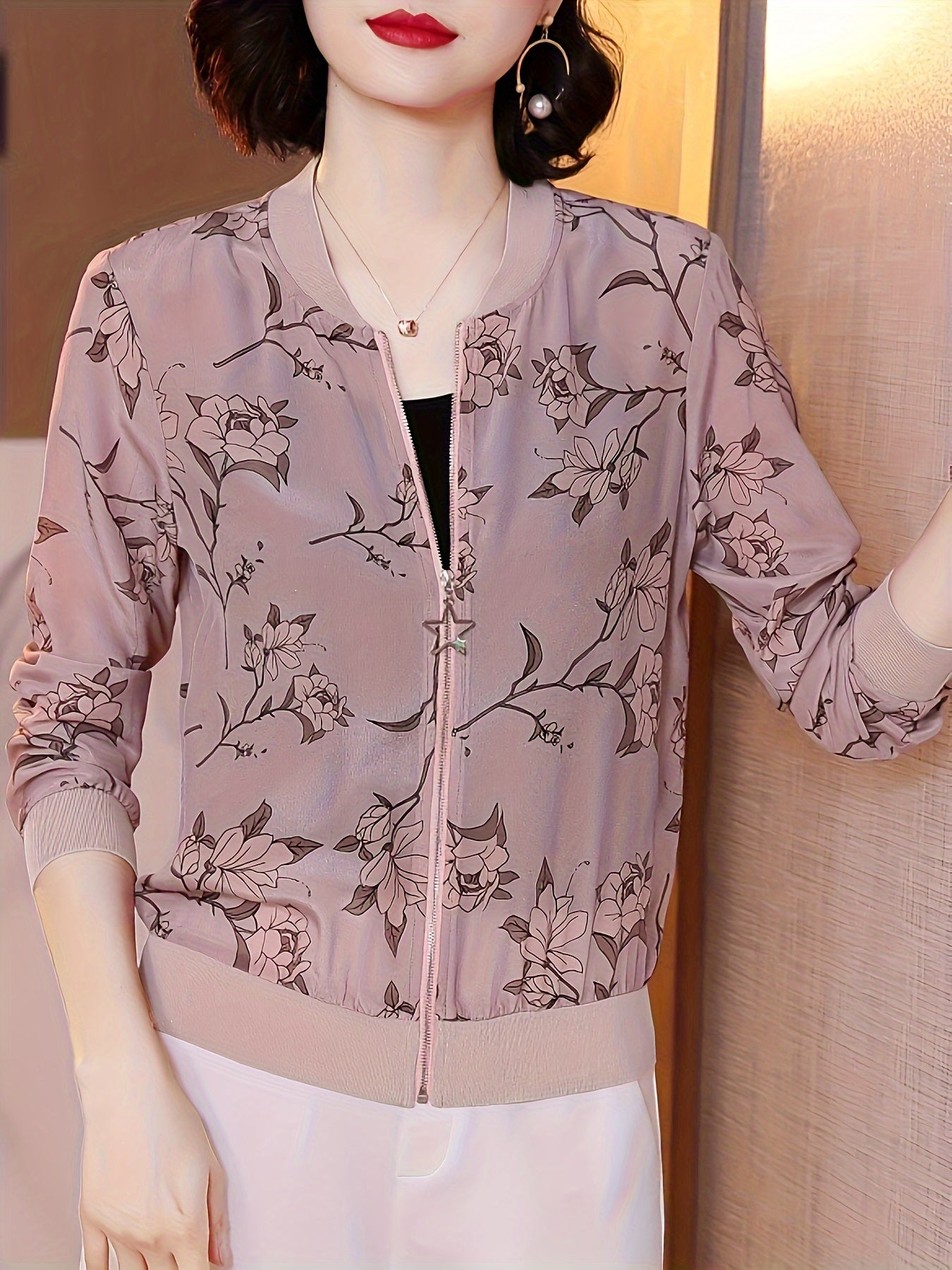 Women's lightweight sunscreen jacket - translucent long - sleeved baseball jacket with front zipper design, loose H - shaped cut suitable for beach, office, and daily wear, floral geometric pattern, breathable fabric, summer fashion item - veyora