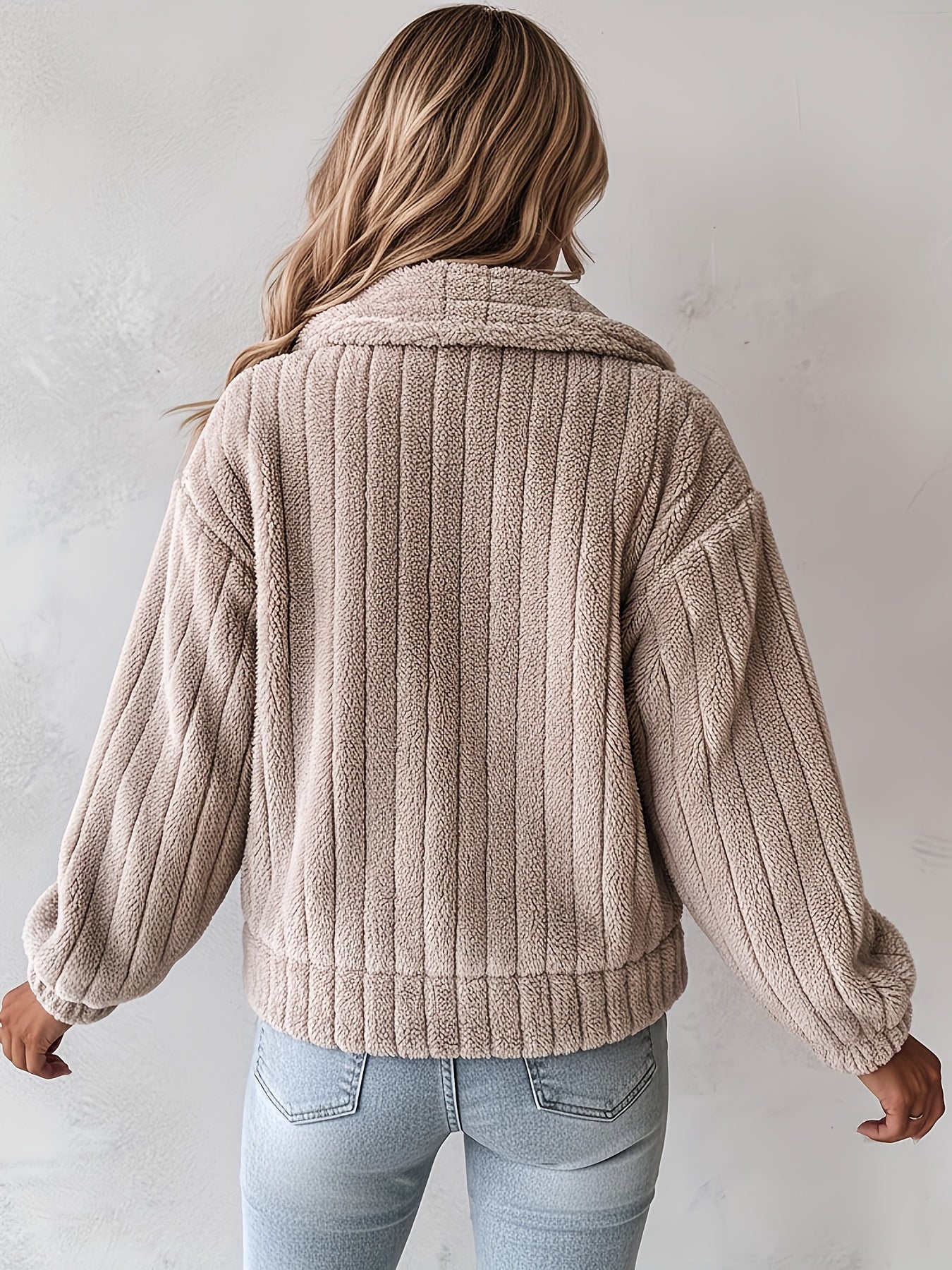 Women's Plush Casual Jacket - Soft Pink Winter Coat with Stand - Up Collar & Button Front, Machine Washable Fall/Winter Outerwear for Everyday Comfort, Buttonup Front, Cozy Fabric - veyora