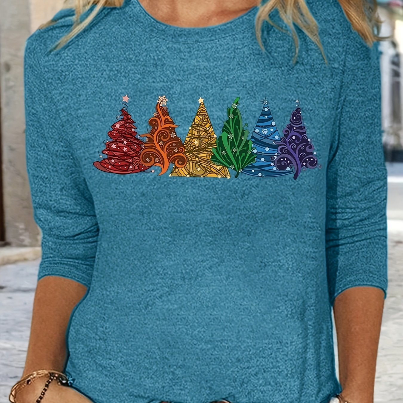 Christmas Spring/Autumn New Arrival Positioning Print Crew Neck Long Sleeve Loose Fit Base Layer T-Shirt, Machine Washable - Suitable for Spring/Autumn Daily Wear and Home Use - veyora