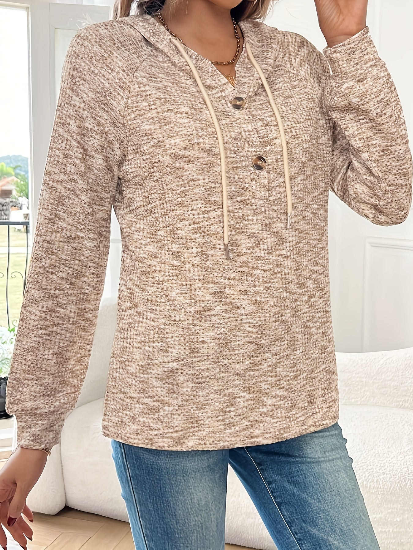 Button - front Half - zip Hooded Waffle Sweatshirt, Women's Spring/autumn Casual Hooded Drawstring Raglan Sleeve Long Sleeve Top, Women's Clothing - veyora
