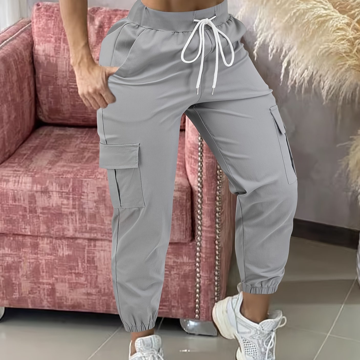 Women'S Casual Cargo Pants with Drawstring Waist, Beige, Multiple Pockets, Frayed Hem, White Sneakers, All - Season Comfort Fit, Casual Wear Pants | Frayed Hem Pants | Functional Pockets - veyora