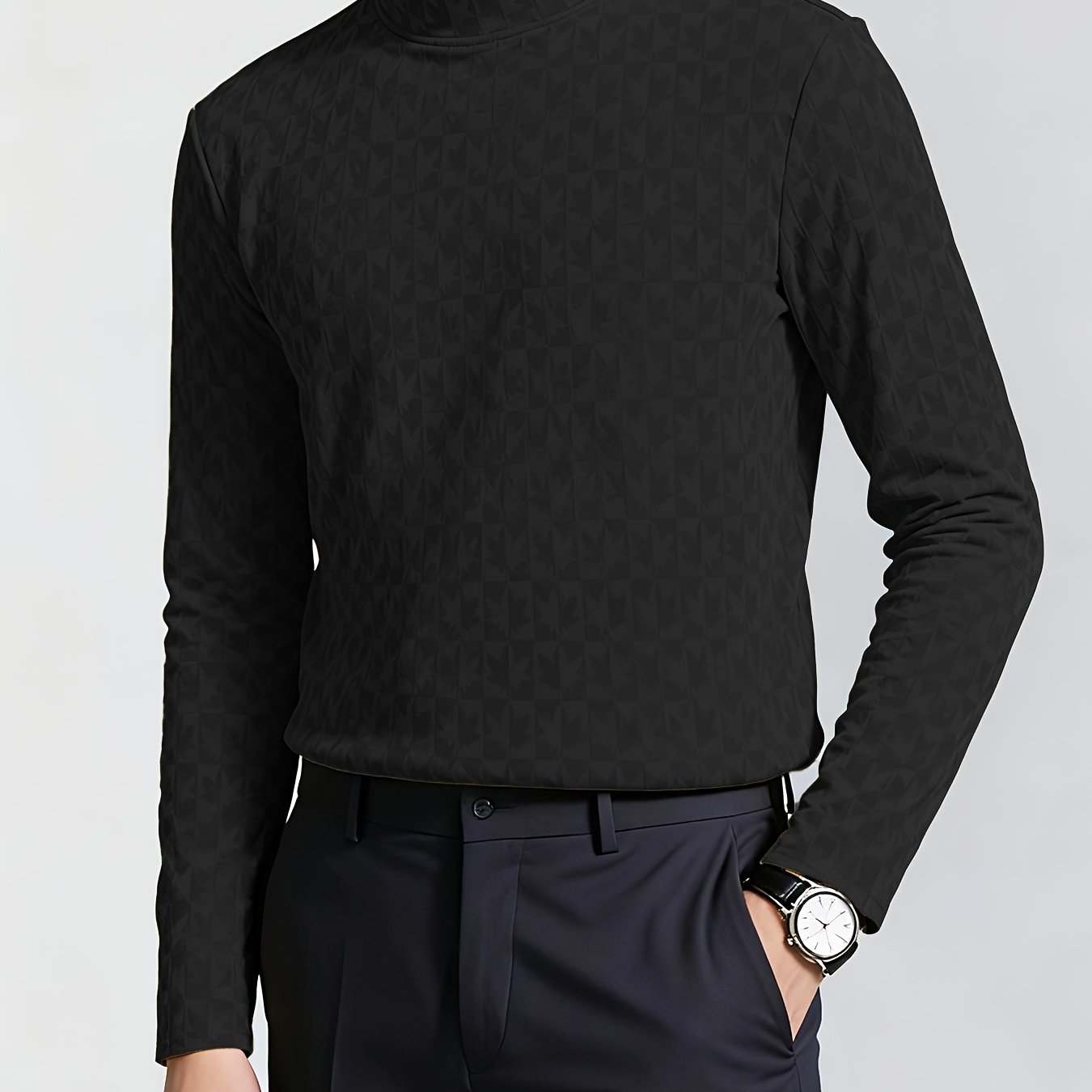 Men'S T-Shirt Long - Sleeved Semi - High Collar Casual Jacquard Base Shirt Outerwear Fashion High - Quality Autumn And Winter Top - veyora