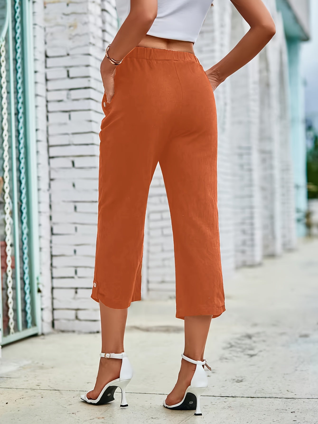 Elegant Directional Decorative Button Casual Capri Pants for Women - veyora