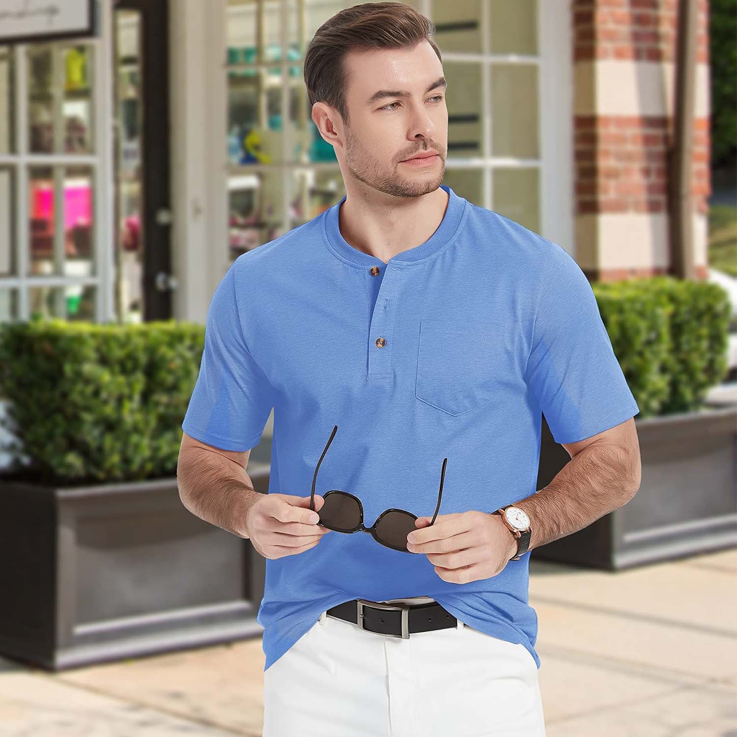 Men's Slim Fit Short Sleeve Sun Protection Henley Shirt