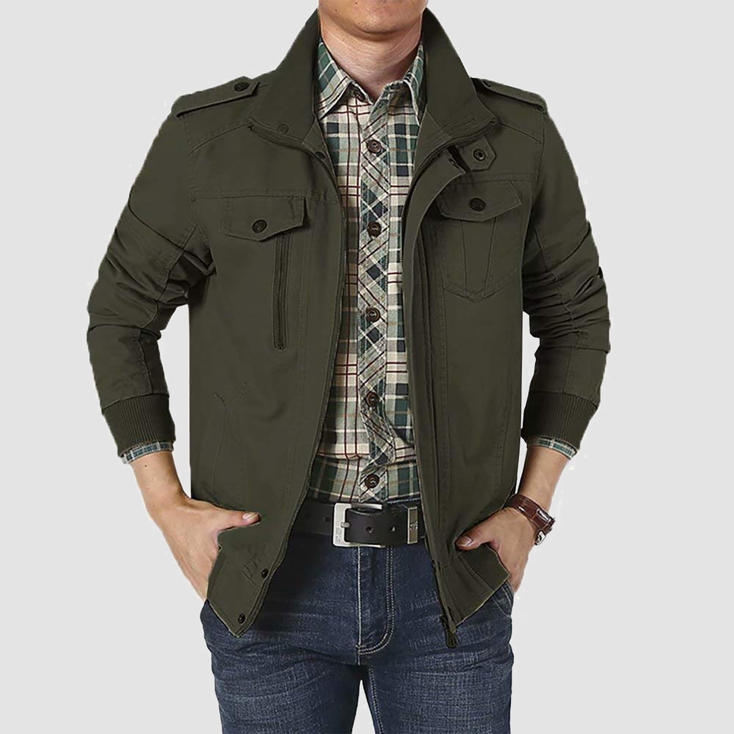 Men's Cotton Military Bomber Jacket - Lightweight Zip-Up