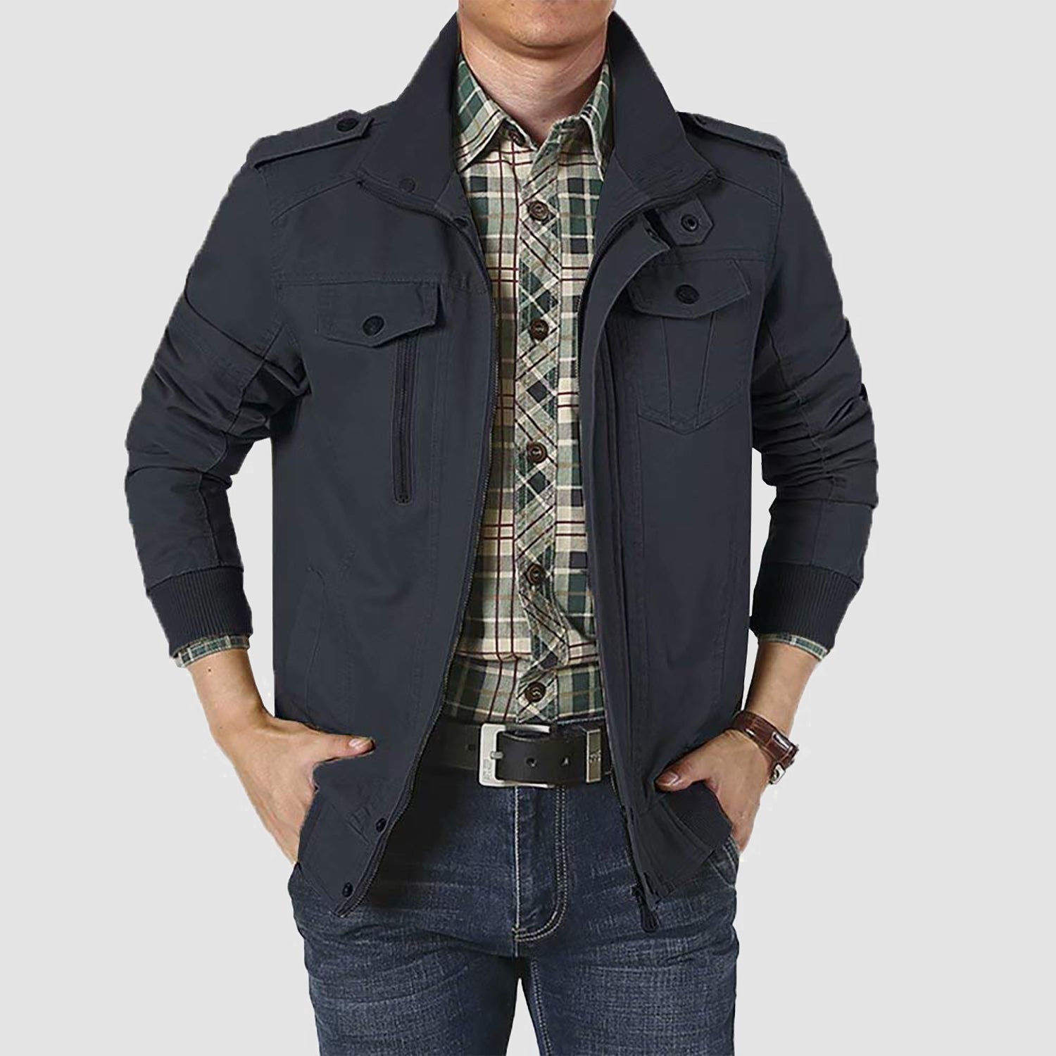 Men's Cotton Military Bomber Jacket - Lightweight Zip-Up