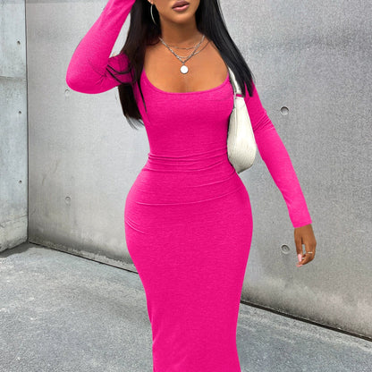 Squared Neck Solid Maxi Dress, Casual Long Sleeve Bodycon Dress, Women's Clothing