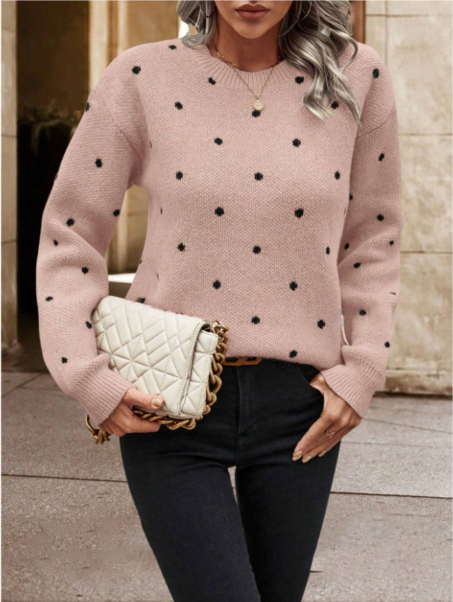 Polka Dot Pattern Knit Sweater, Casual Long Sleeve Crew Neck Sweater, Women's Clothing