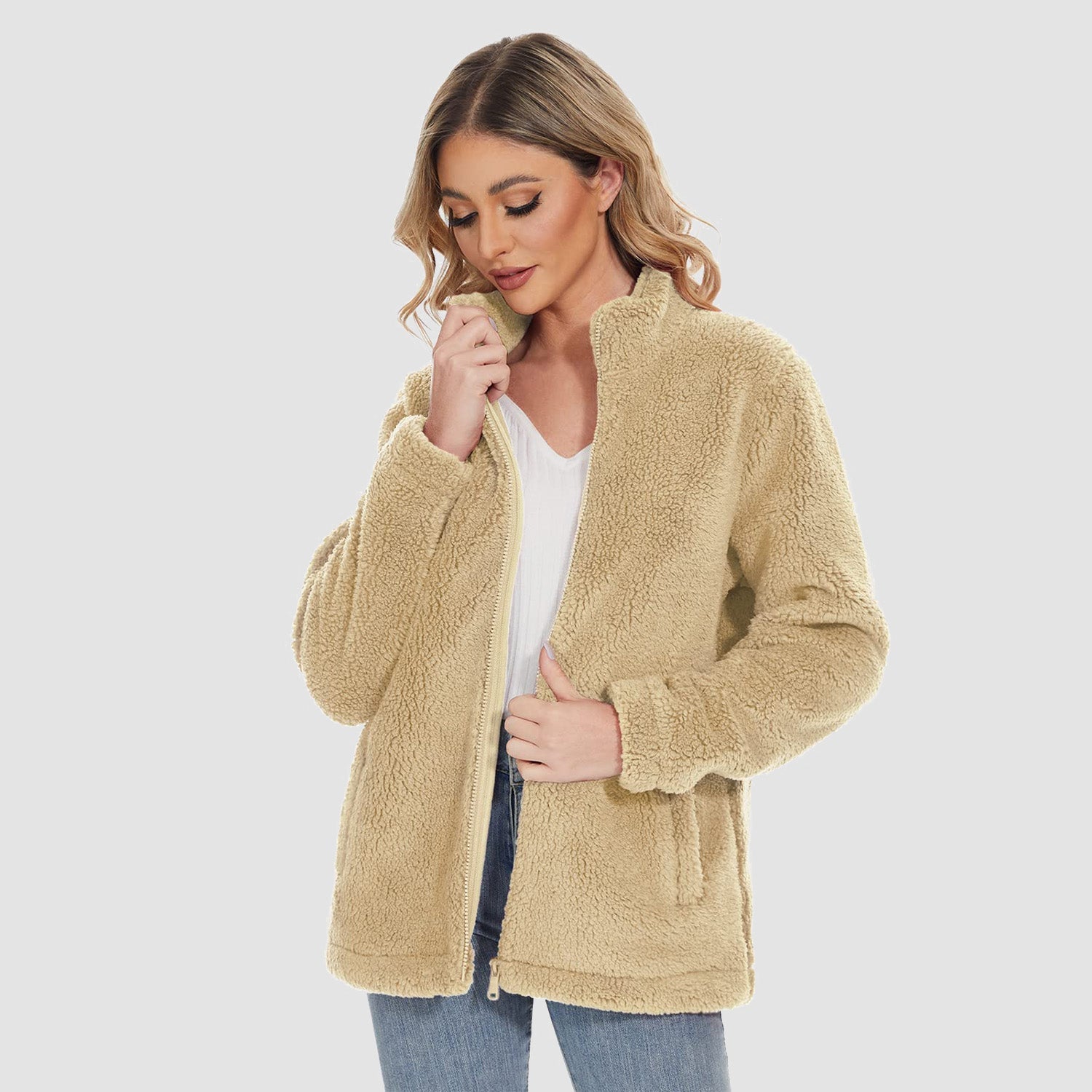Women's Sherpa Jacket - Full Zip, Zip Pockets & Warm