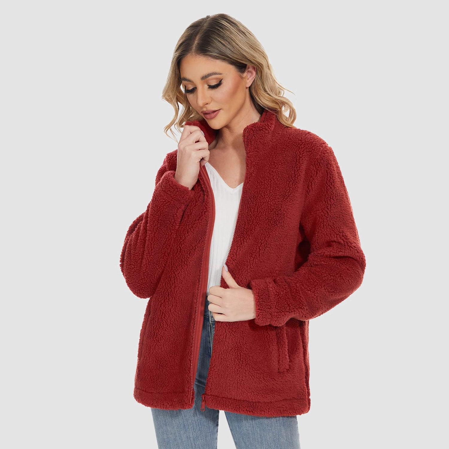 Women's Sherpa Jacket - Full Zip, Zip Pockets & Warm