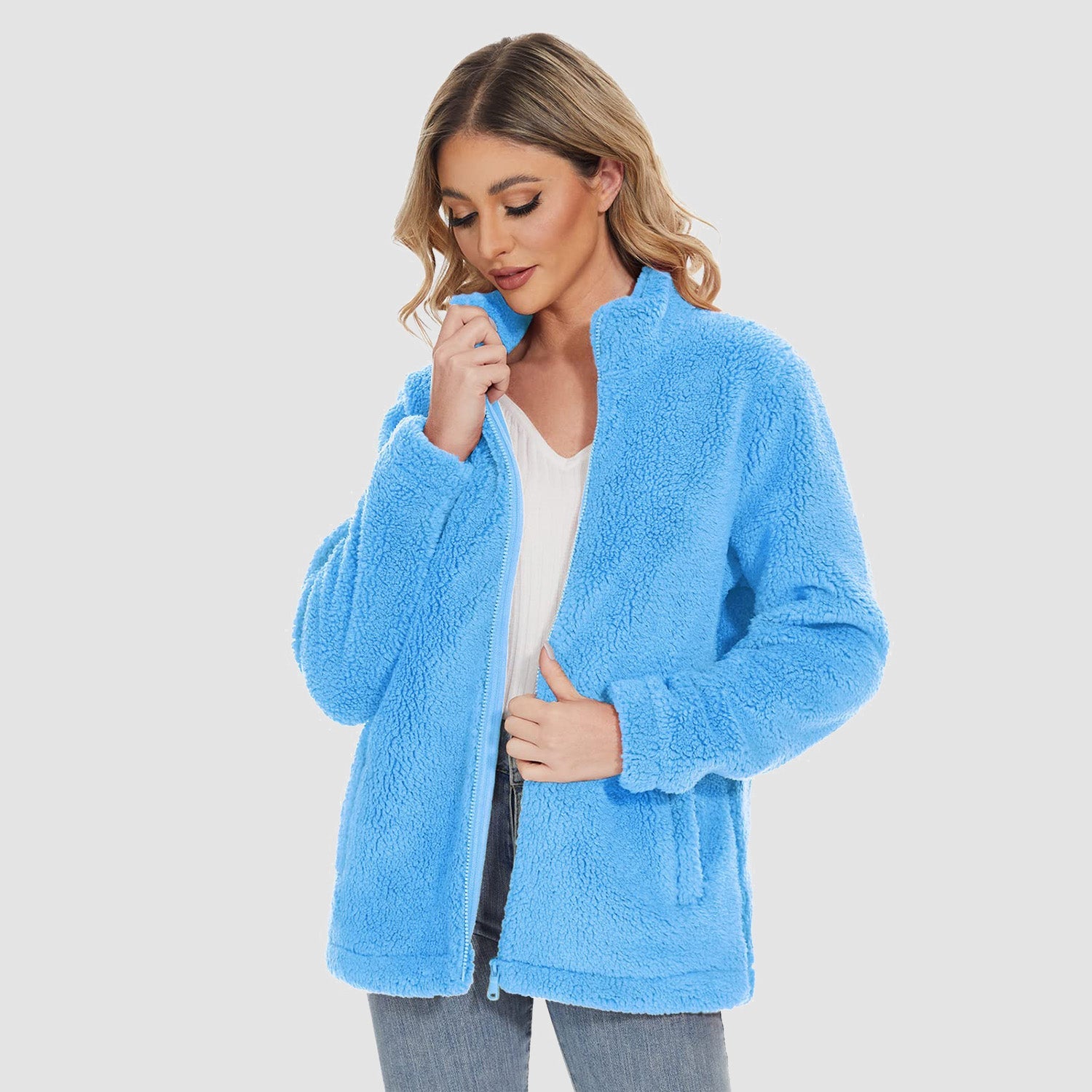 Women's Sherpa Jacket - Full Zip, Zip Pockets & Warm