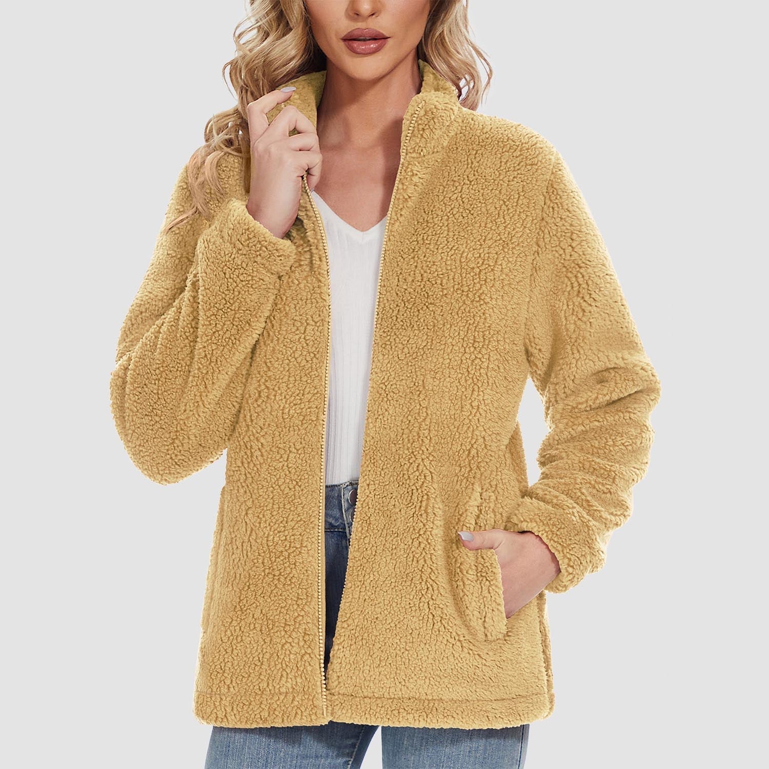 Women's Sherpa Jacket - Full Zip, Zip Pockets & Warm