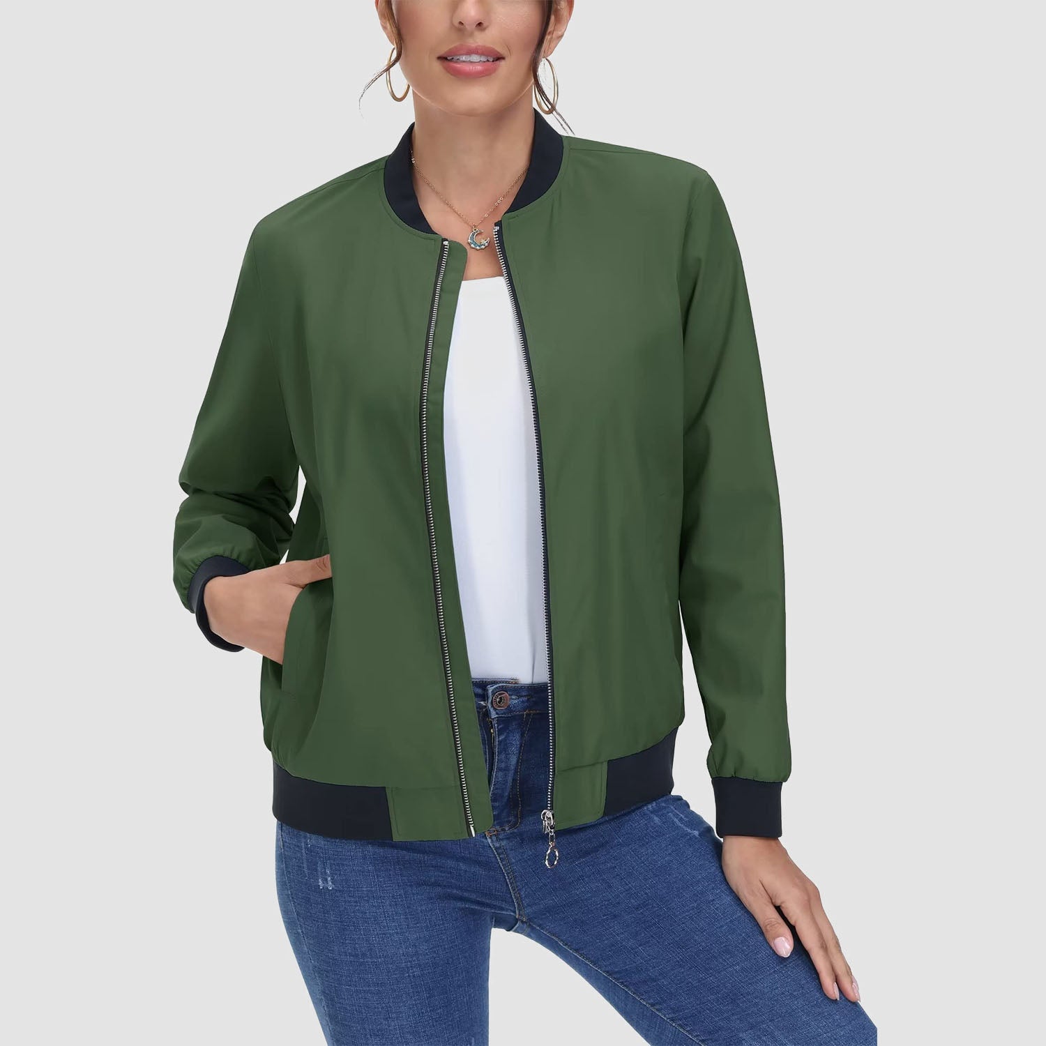 Women's Lightweight Bomber Jacket - Zip Front & Casual