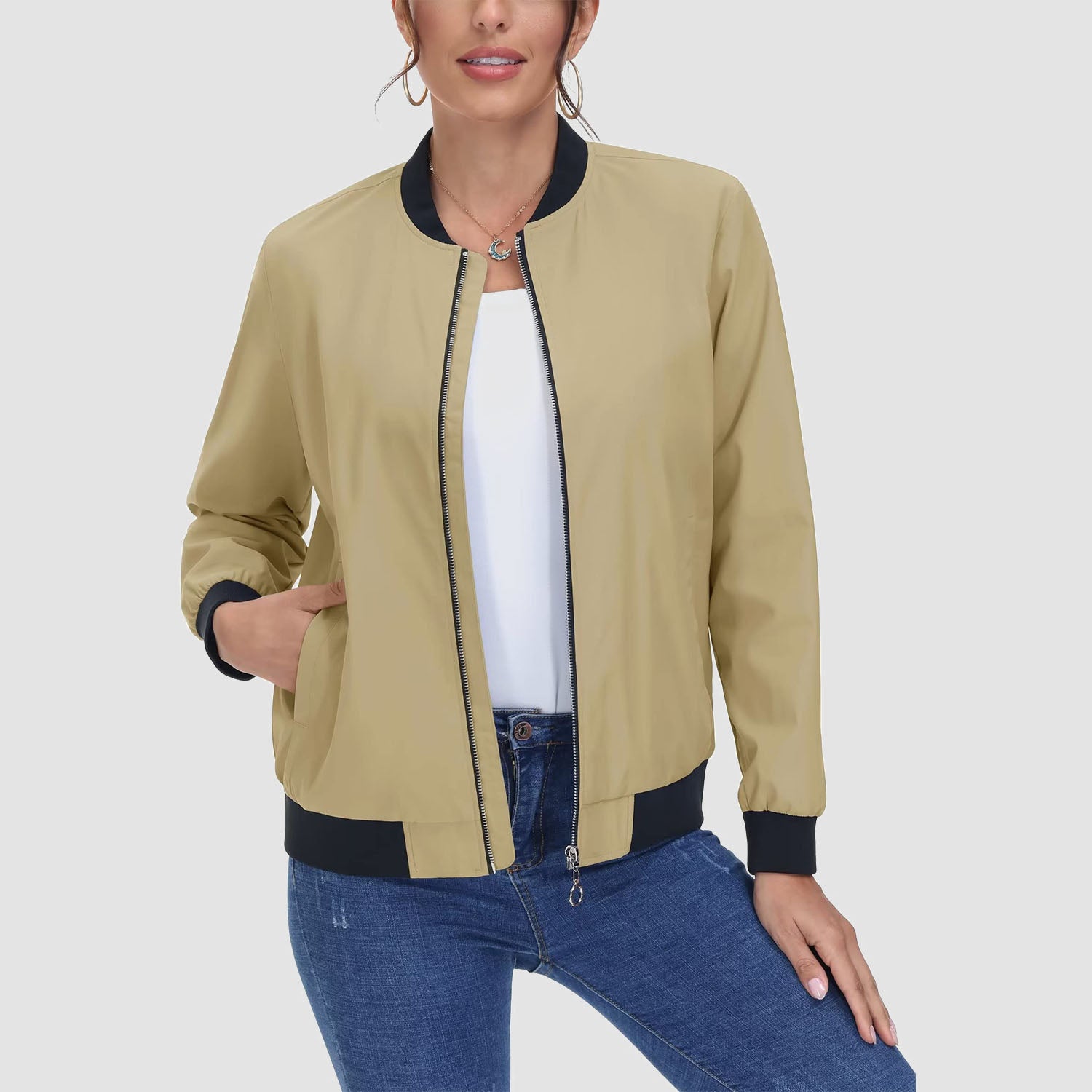 Women's Lightweight Bomber Jacket - Zip Front & Casual