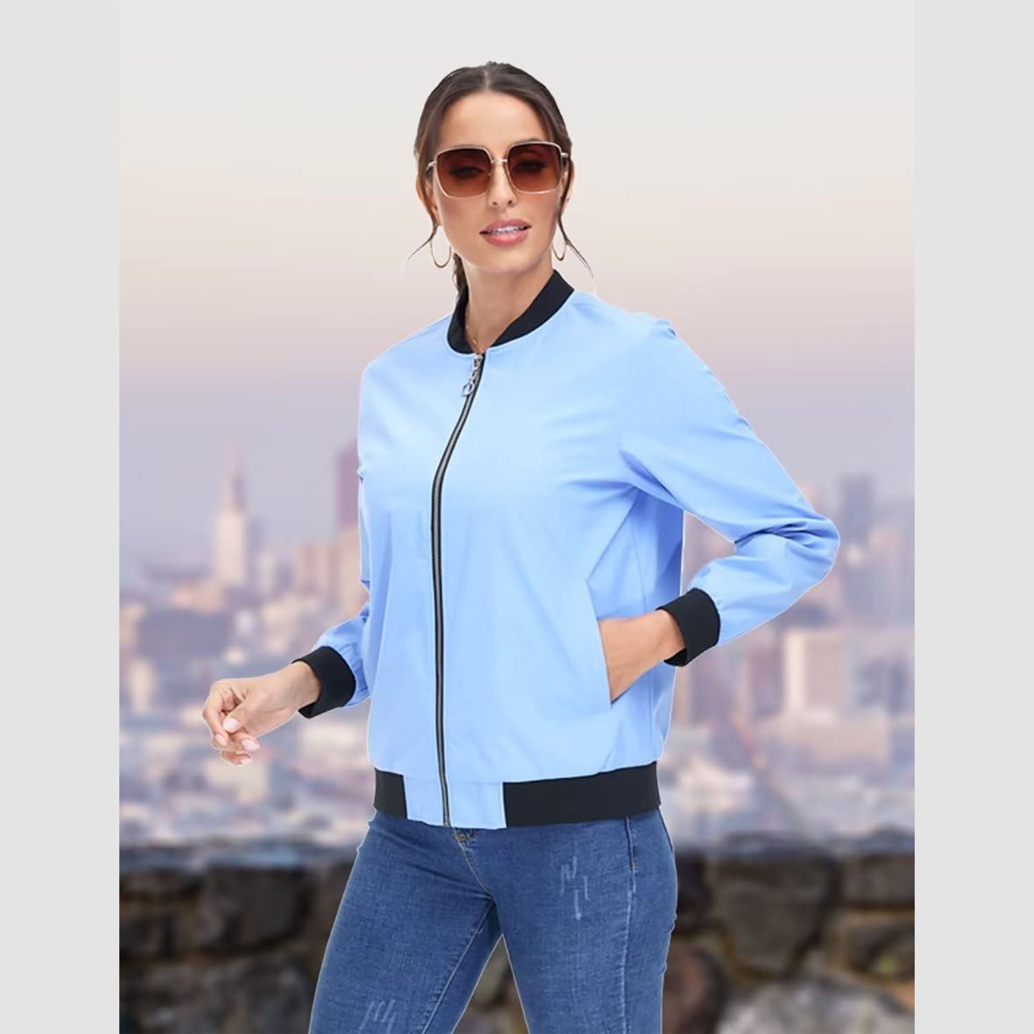 Women's Lightweight Bomber Jacket - Zip Front & Casual