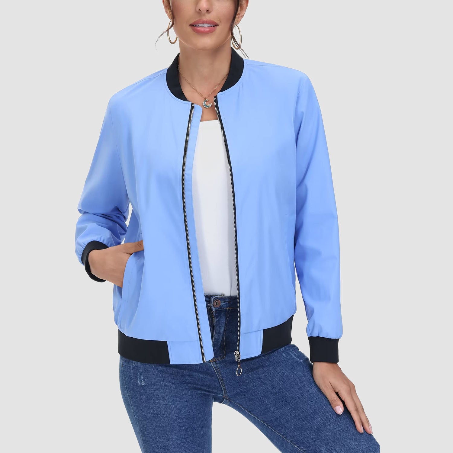 Women's Lightweight Bomber Jacket - Zip Front & Casual