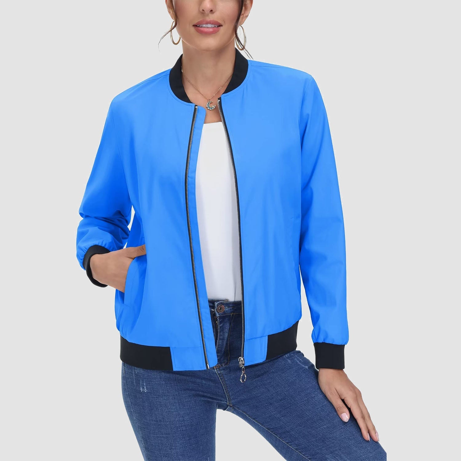 Women's Lightweight Bomber Jacket - Zip Front & Casual