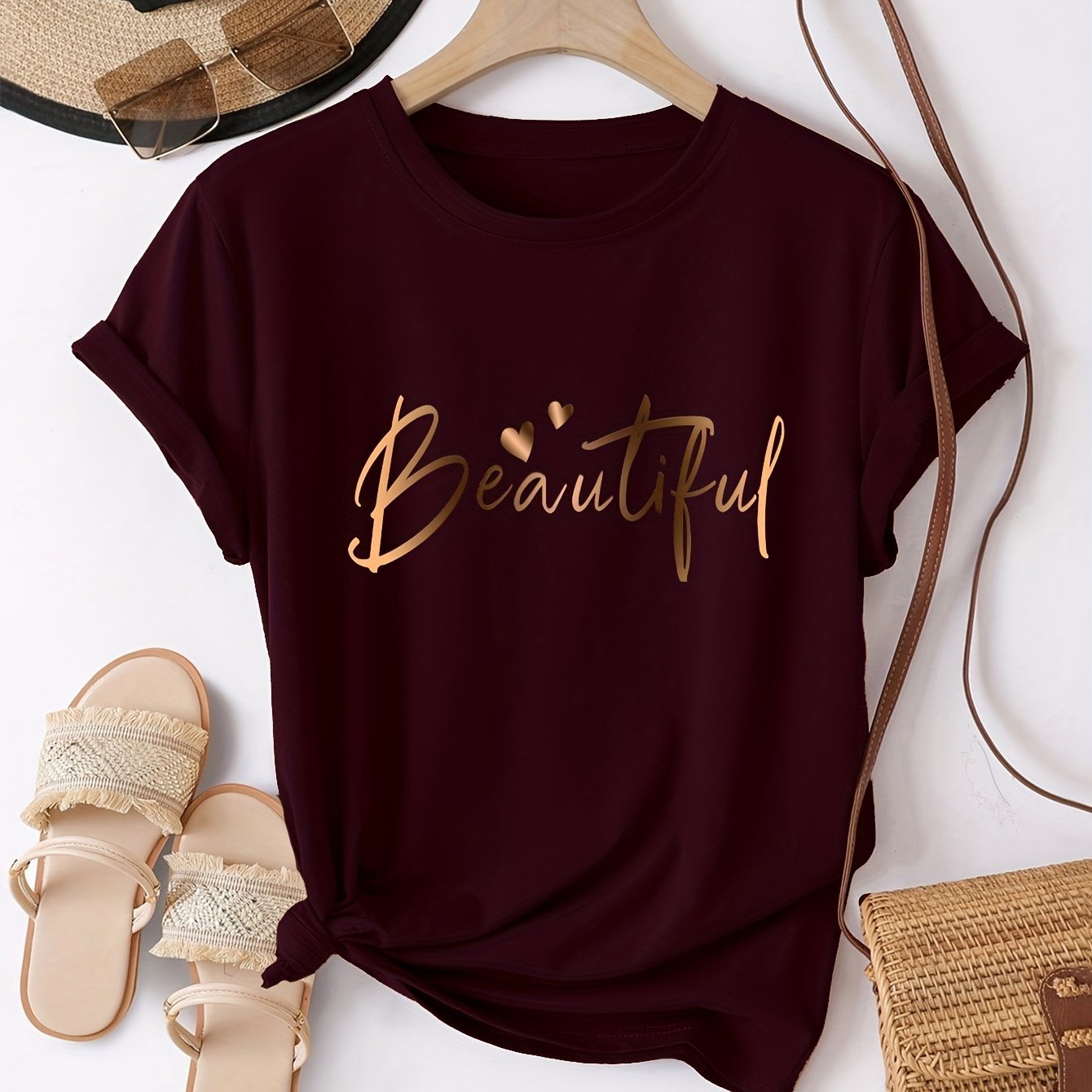 Casual Short - Sleeve T-Shirt for Women with a Heart - Shaped Letter Design, Featuring a Easy Round Neck And a Loose Fit Suitable for Spring And Summer - veyora