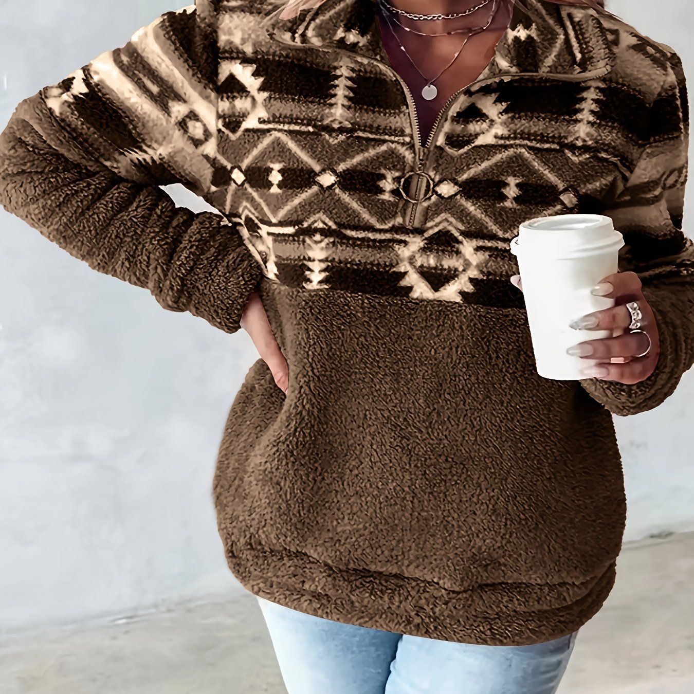 Geo Pattern Half Zipper Teddy Sweatshirt, Casual Long Sleeve Sweatshirt For Fall & Winter, Women's Clothing - veyora